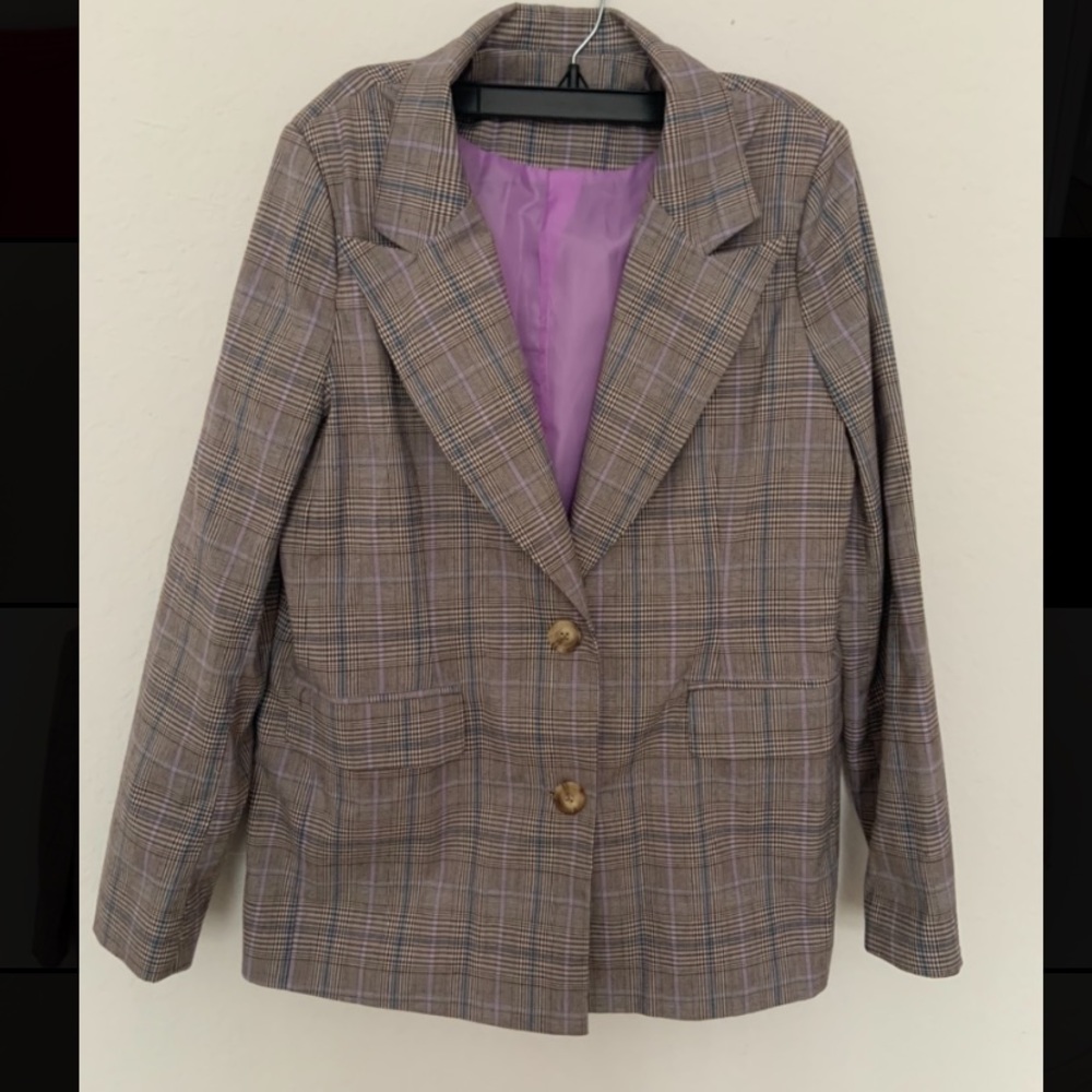 Nasty Gal Oversized Blazer Charcoal with purple, white, and blue plaid Size 4